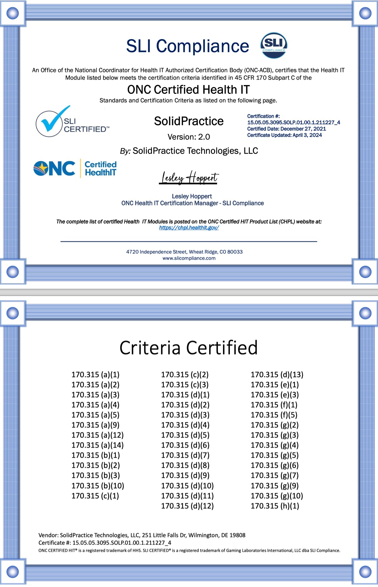 Solid Practice Complete Ambulatory ONC Certification